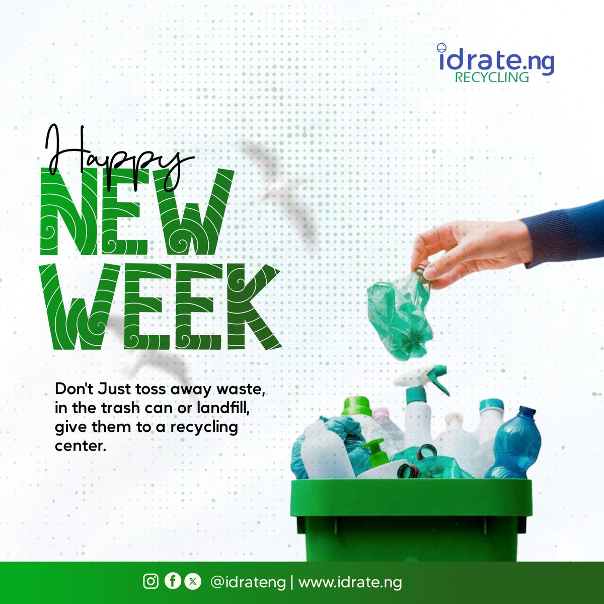 Happy New Week, eco-warriors! 

Let's tackle this week with the same energy and dedication we put into recycling. 

Together, we're making a greener world for our furry friends!
 #plasticrecycling #idrate #recycleeverywhere #recycle #sustainableliving