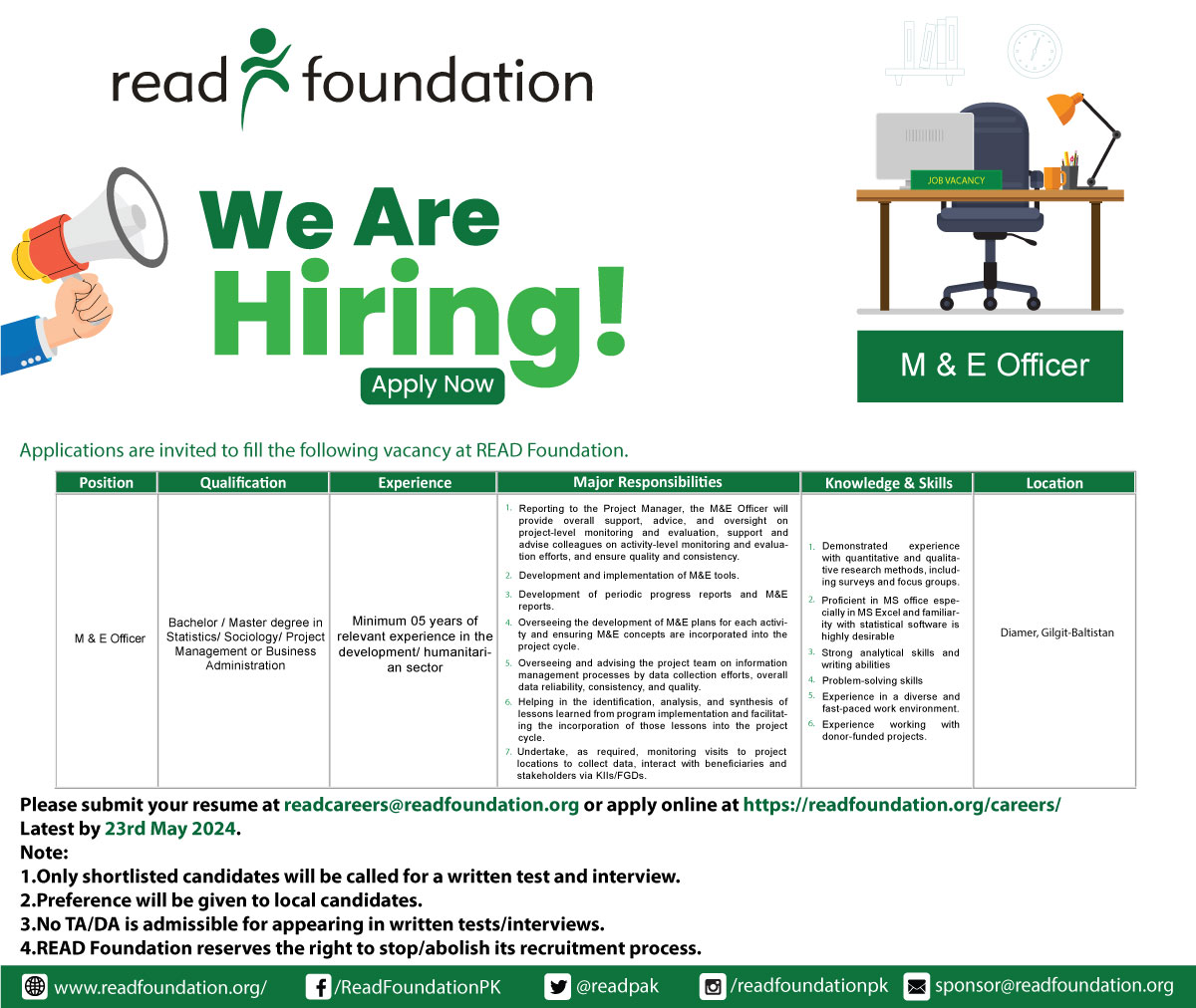 Job Alert!!! Elevate your career with us! Seeking dedicated talents who are ready to innovate and thrive. Please apply at the given link: readfoundation.org/careers/ (For any queries, please get in touch with us at +92 051 8482157 during office hours). #READFoundation #jobsearch