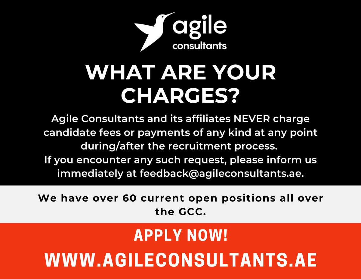 Looking for your next career opportunity? 

At Agile Consultants, we never charge candidates any fees during or after the recruitment process. With over 60 open positions across the GCC, your dream job could be just a click away. Apply now at agileconsultants.ae!

#JobHunt