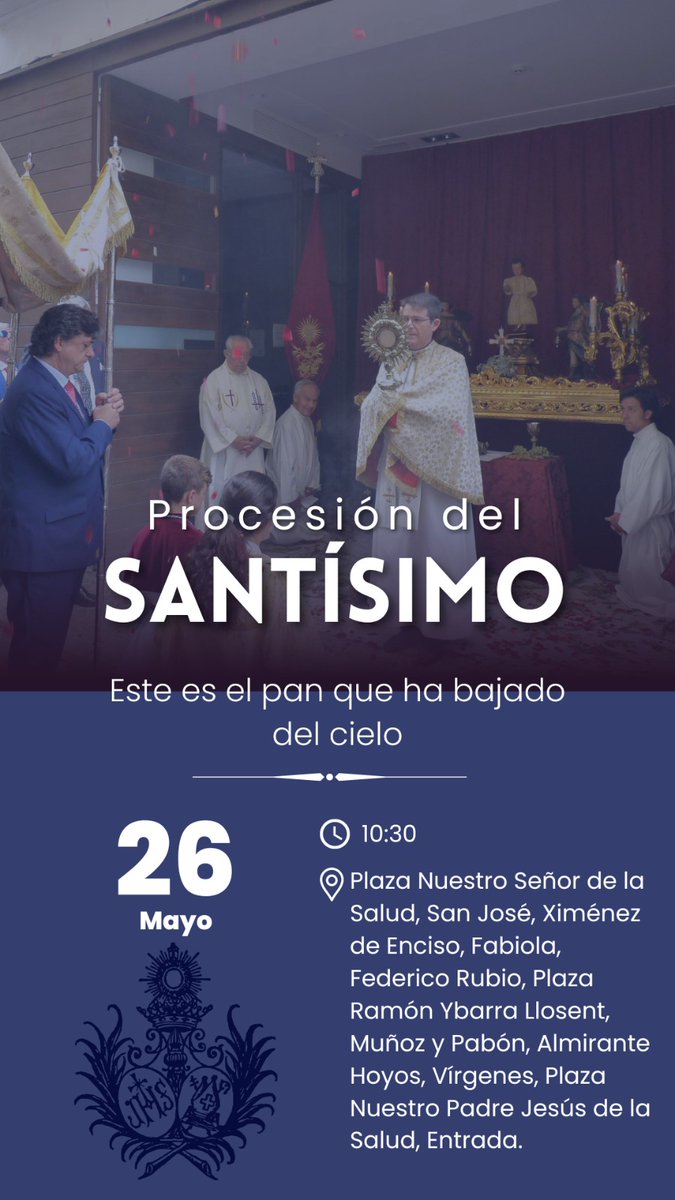 𝐀𝐠𝐞𝐧𝐝𝐚 𝐝𝐞 𝐥𝐚 𝐬𝐞𝐦𝐚𝐧𝐚 📅 Martes 21. Misa de Hermandad. ⌚ 20:30h. 📅 Domingo 26. Procesión eucarística. ⌚10:30h. Todos aquellos hermanos que quieran participar deberán estar en San Nicolás a las 10:00h.