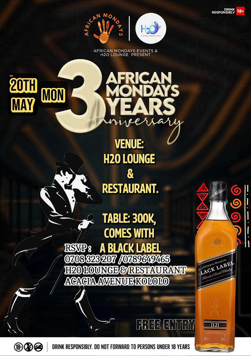 Cheers to 3 years of African Monday at @H2oLounge_🍾 Come celebrate with us and enjoy legendary @johnniewalker_ tables for only 300k. See you tonight! #AfricanMondayAt3WithJW