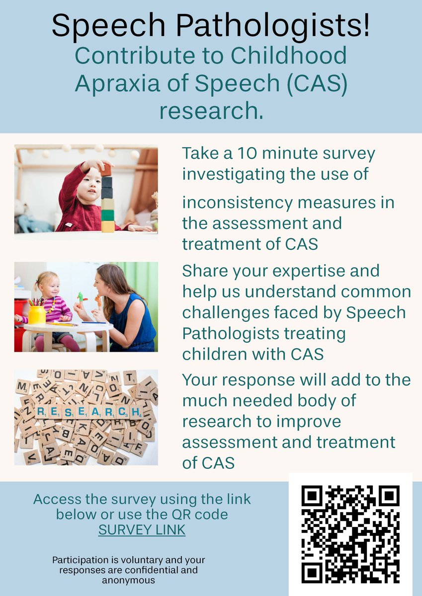 📢 Calling all Speech-Language Pathologists (SLPs) working with Childhood Apraxia of Speech (CAS)  Complete our 10 minute survey on using inconsistency in CAS diagnosis and decision-making. uoc.syd1.qualtrics.com/jfe/form/SV_ah… 
#SLP #SLT #apraxia #slpeeps #CAS #SpeechPathology