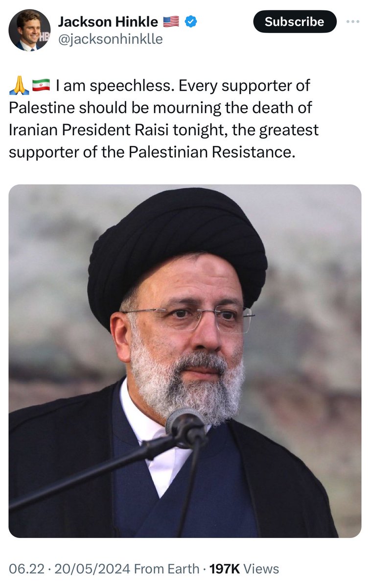 🧵Iranian President Raisi is killed in a helicopter crash while flying through mountains in foggy weather, and war pornographers and tankies immediately tries to spin it. Let’s start with Stinkle, engagement farmer par excellence. @jacksonhinklle
