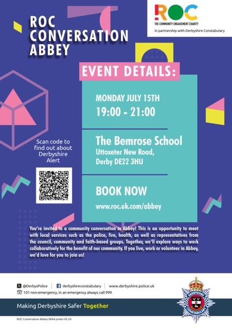 Abbey ROC Conversation July 15 @ 7:00 pm - 9:00 pm You’re invited to a community conversation in #Abbey! This is an opportunity to meet with local services such as the police, fire, and ambulance, as well as representatives from the council. #Derby roc.uk.com/event/abbey-ro…