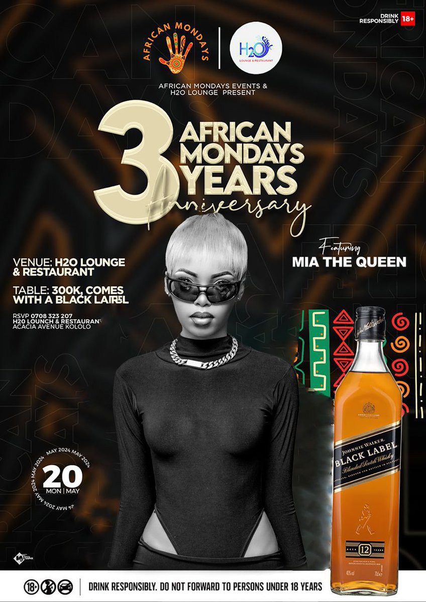 Tonight’s the night! Celebrate the 3-year anniversary of African Monday at @H2oLounge_ with unbeatable music and @johnniewalker_ tables for just 300k. Let's make it a night to remember #AfricanMondayAt3WithJW