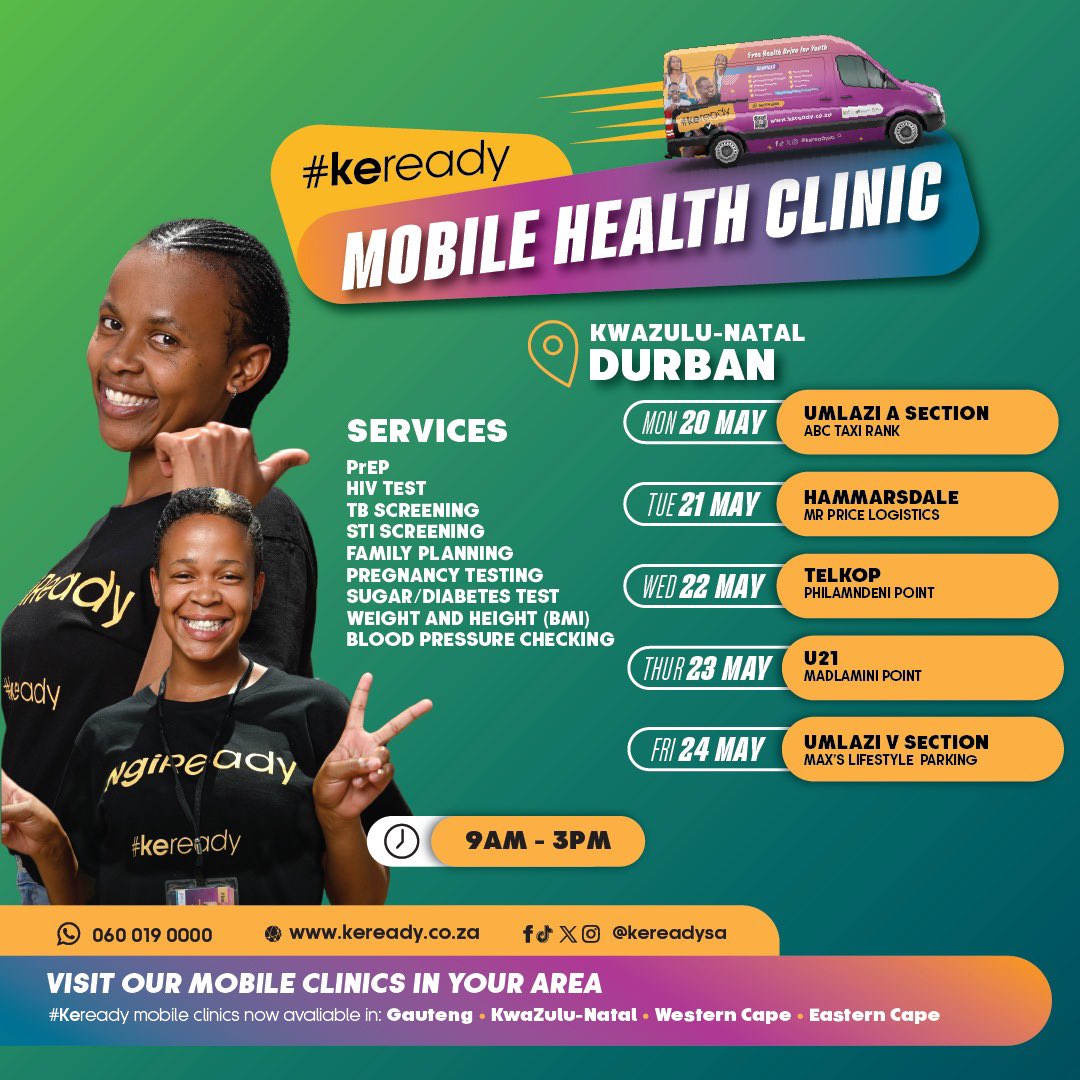 First order of business let’s take care of our health and that’s on purrr💁‍♀️ We have 46 mobile clinics all over the country each offering free health services. To see the full list of areas we will be at this week zwakala to our website keready.co.za #keready