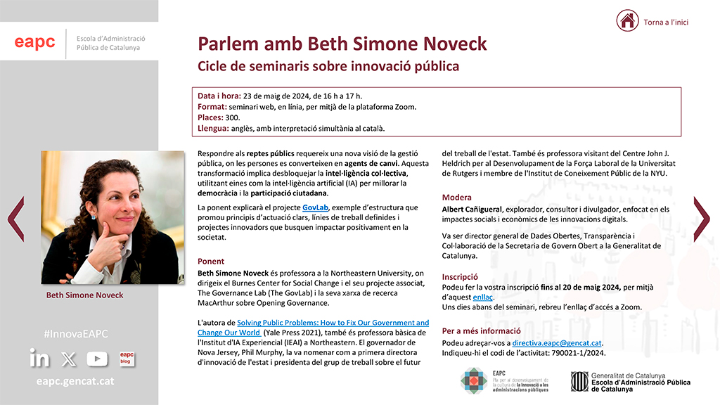 eapccat's tweet photo. 💡 Cicle de seminaris sobre #InnovacióPública: Parlem amb @bethnoveck

📅 23/05 - De 16 a 17 h
💻 Zoom
🗣️ Anglès, amb interpretació simultània al català
✍️ Avui, últim dia per inscriure's
Modera: @AlbertCanig

https://t.co/PaDfn5sRdA

#InnovaEAPC https://t.co/NrAsbgJDOH