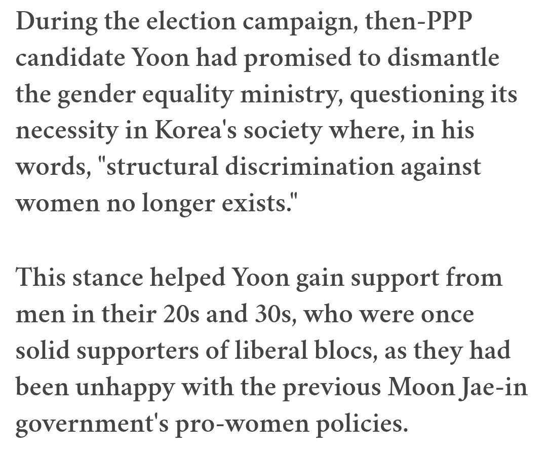 yoon suk yeol's entire presidential campaign centered around anti-feminism and denying gender inequalities. he gained massive support from men who believed *they* were the ones discriminated against

with leaders like this, it's no wonder sk has become even more unsafe for women