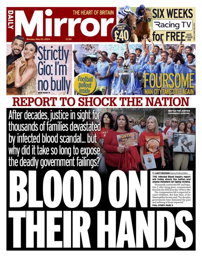 Blood On Their Hands. The long-awaited report into the infected blood scandal is today’s @DailyMirror splash.