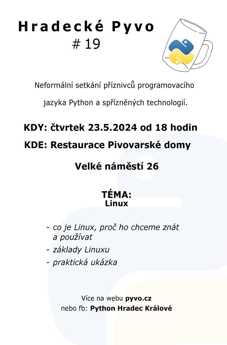 Brzy tu máme další Hradecké #pyvo 19. setkáme se již 23.5. #python #community 
<a href="/naPyvo/">Chodíme na Pyvo</a> #hradeckralove
