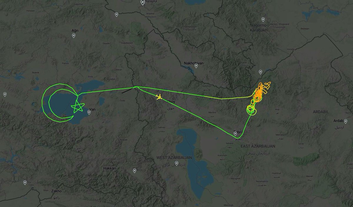 Turkish drone Bayraktar Akıncı draws the Turkish national symbol on the map after helping Iran to find out the Raisi crash site