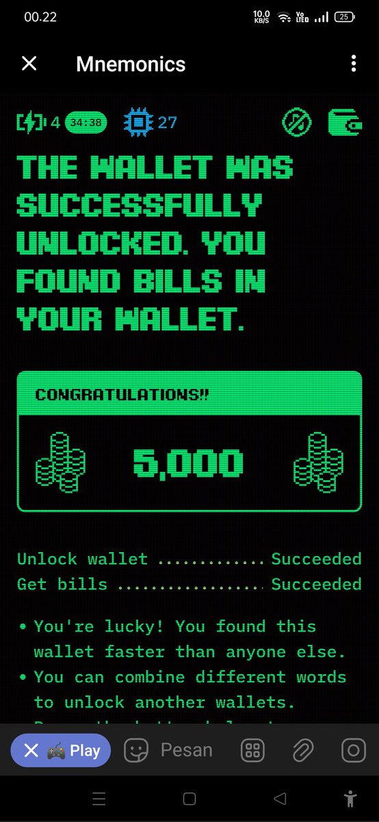 Even though I often fail to get a lot of points <a href="/Mnemonics_coin/">Mnemonics_coin</a> ,I continue to play this game. not playing = it won't increase. so, play until the event ends

join guys <a href="/quinaksa/">Quint Aksa</a> <a href="/sisapizza/">Sisa Pizza</a> <a href="/whalesrekt/">Cryptoz😶‍🌫️</a> 

#Mnemonics_coin