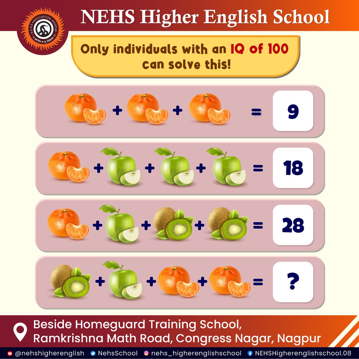 𝐂𝐎𝐌𝐌𝐄𝐍𝐓 𝐘𝐎𝐔𝐑 𝐀𝐍𝐒𝐖𝐄𝐑 𝐁𝐄𝐋𝐎𝐖 !!!👍

NEHS Higher English School, Nagpur
𝐀𝐃𝐌𝐈𝐒𝐒𝐈𝐎𝐍 𝐎𝐏𝐄𝐍!!

#quiz #QuizTime #QuizChallenge #intelligence #iqtest #challengers  #calculation #comment #comments  #share #like #nagpur #mumbai #pune #maharashtraday