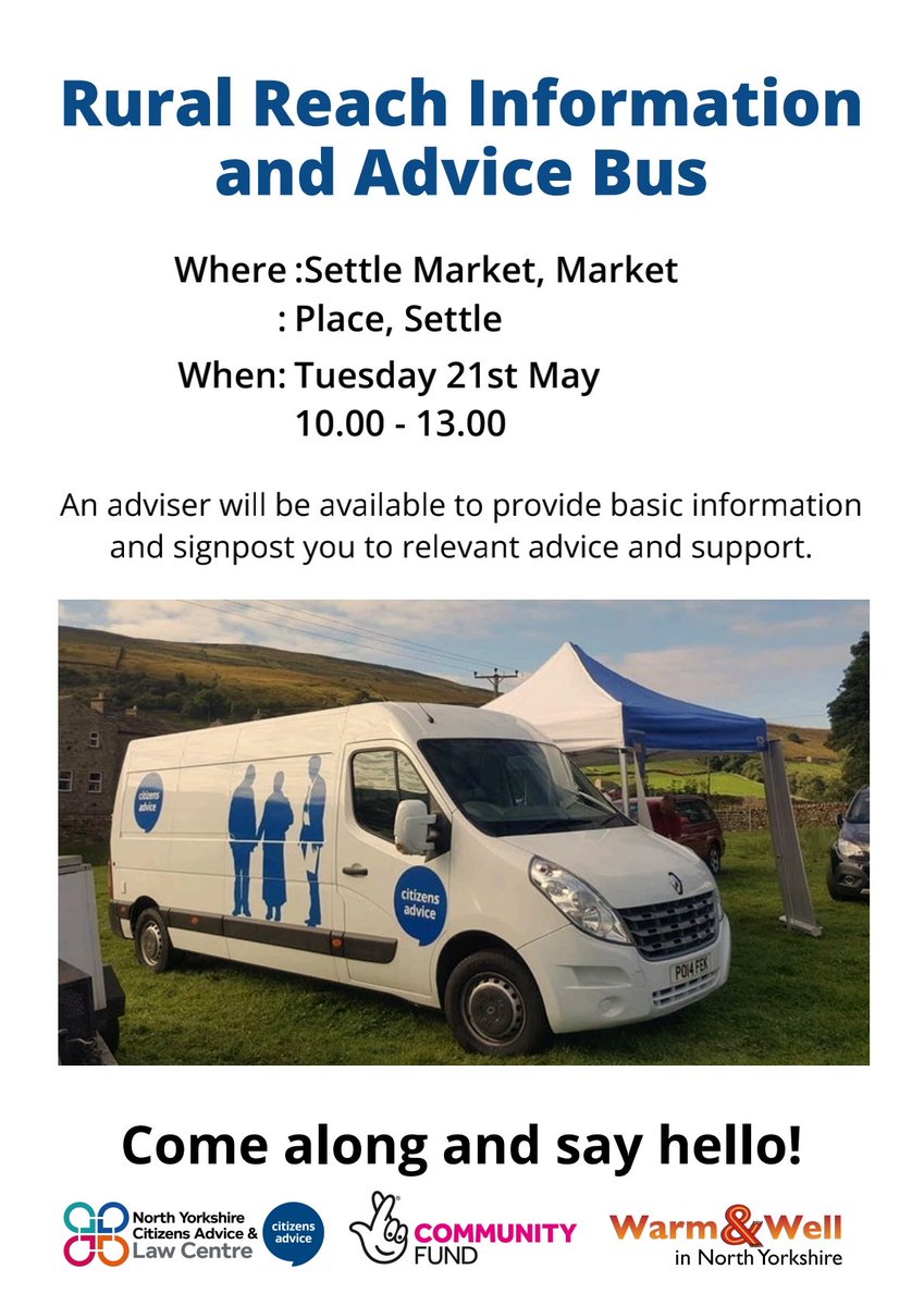 The #RuralAdviceBus visits #Settle Market for the first time tomorrow between 10am and 1pm If you need to find a way forward through information or advice come and have a chat with our friendly team. #RuralReach thanks to @TNLComFund