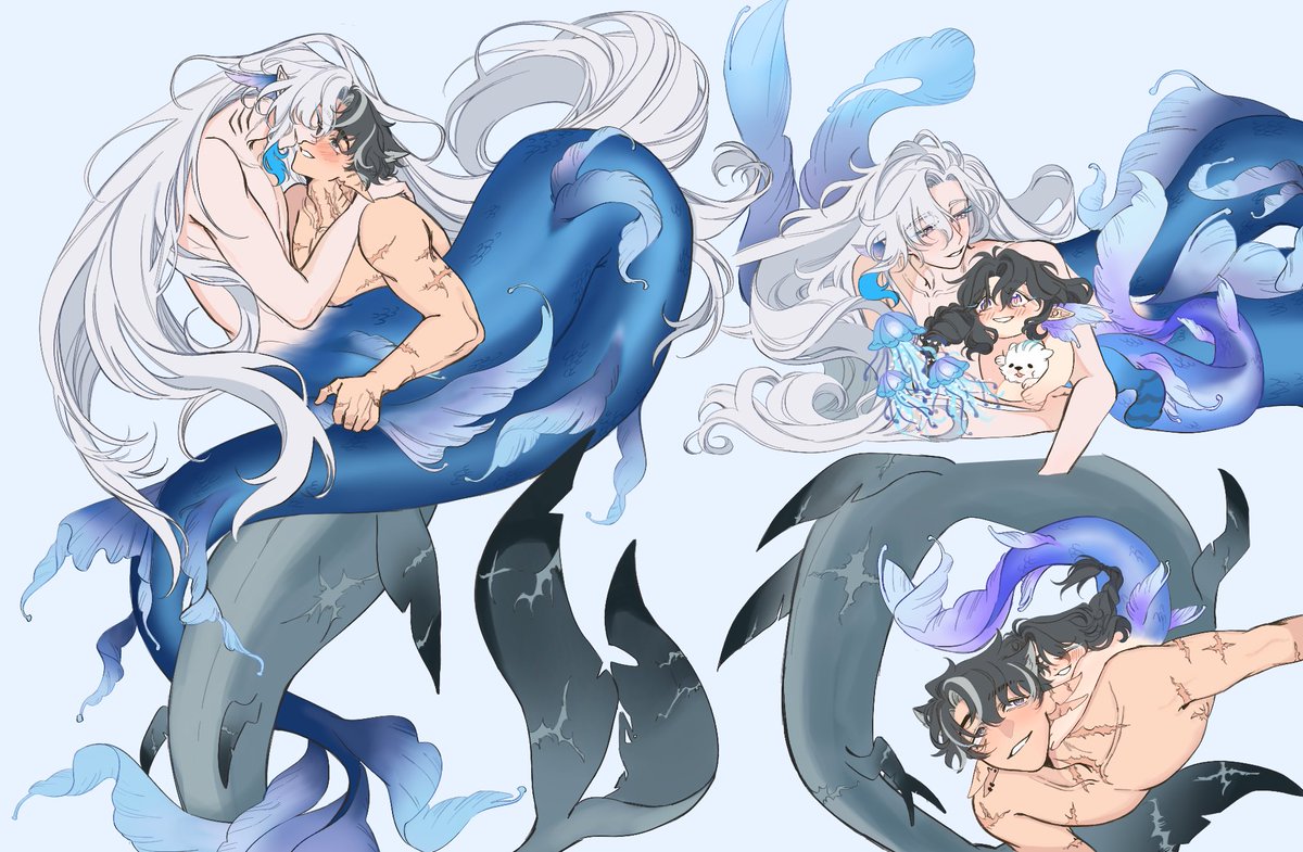 ritiris's tweet image. a mermaid, a shark, and their pup

 #リオヌヴィ #wriolette