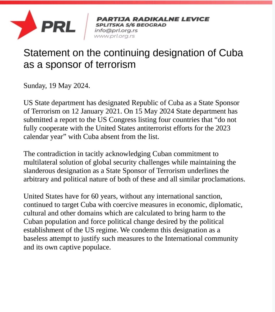 Declaración del Partido Radical de Izquierda de Serbia sobre la designación continua de Cuba como patrocinador del terrorismo.
👇🇷🇸🤝🇨🇺
misiones.cubaminrex.cu/es/articulo/de…

#OfThelist 
#UnblockCuba