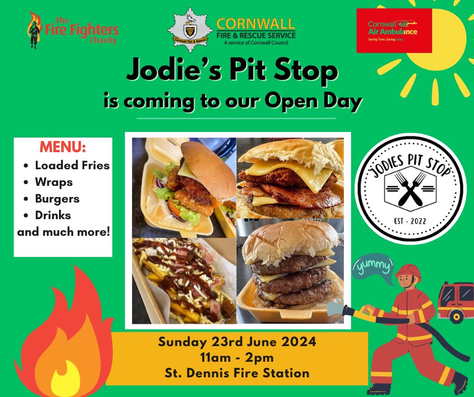 Jodie’s pit stop is coming to our OPEN DAY! 😍

Don’t say we don’t look after you ladies and gentlemen!

🍔 Chicken burgers
🌯 Chicken wraps
🧀 Cheese burgers
🤤 Ruby burgers
🍟 Brimming chip trays
🐟 Scampi and chips

Serving throughout the event 🤩🚒