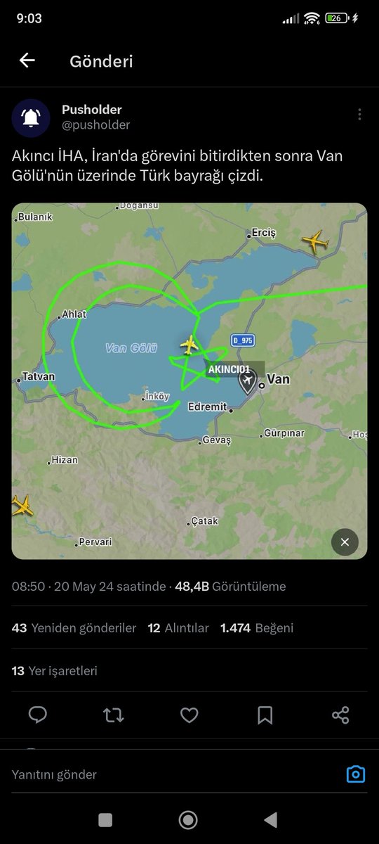 B_Aygen's tweet photo. Herhangi bir hava aracının girip uçamadığı yerlerde fıldır fıldır dolaşan Yerli ve milli imkanlarla üretilen #Bayraktar #Akıncı İHA, 

İran Cumhurbaşkanı Reisi'nin bulunduğu helikopterin enkaz bölgesinin tespit edip #Türkiye ye dönüyor ve Van Gölü üzerinde bayrağımızı çiziyor. https://t.co/rdmOe2w39l
