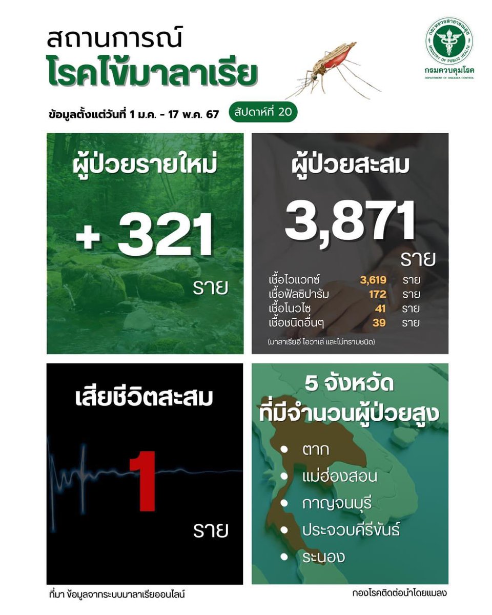 UPDATE !! สถานการณ์โรคติดต่อนำโดยแมลง โรคสครับไทฟัส ประจำสัปดาห์ที่ 19 ข้อมูลตั้งแต่ 1 ม.ค. – 15 พ.ค. 67 และโรคไข้มาลาเรีย ประจำสัปดาห์ที่ 20 ข้อมูลตั้งแต่ 1 ม.ค. - 17 พ.ค. 67 #ไข้มาลาเรีย #สครับไทฟัส #โรคระบาด #ยุงก้นป่อง #ไรอ่อน #แมลง #รู้ทันโรคแมลง #โหนกระแส