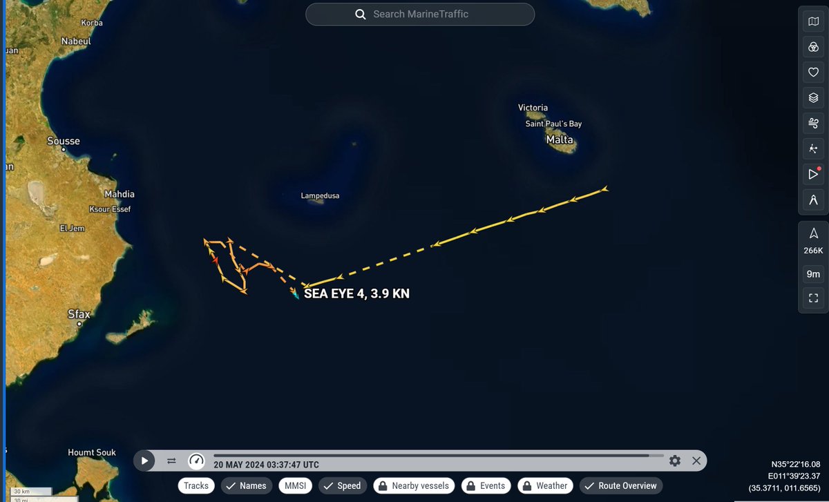TrafficoNaviOnc's tweet photo. 20.05.204 #SeaEye4 resta sempre in attesa delle bare galleggianti tra Tunisia e Lampedusa, Mentre la #MareGo spera ti incrociare qualcosa dalla Libia in zona piattaforme offshore https://t.co/7SdOZcKnJa