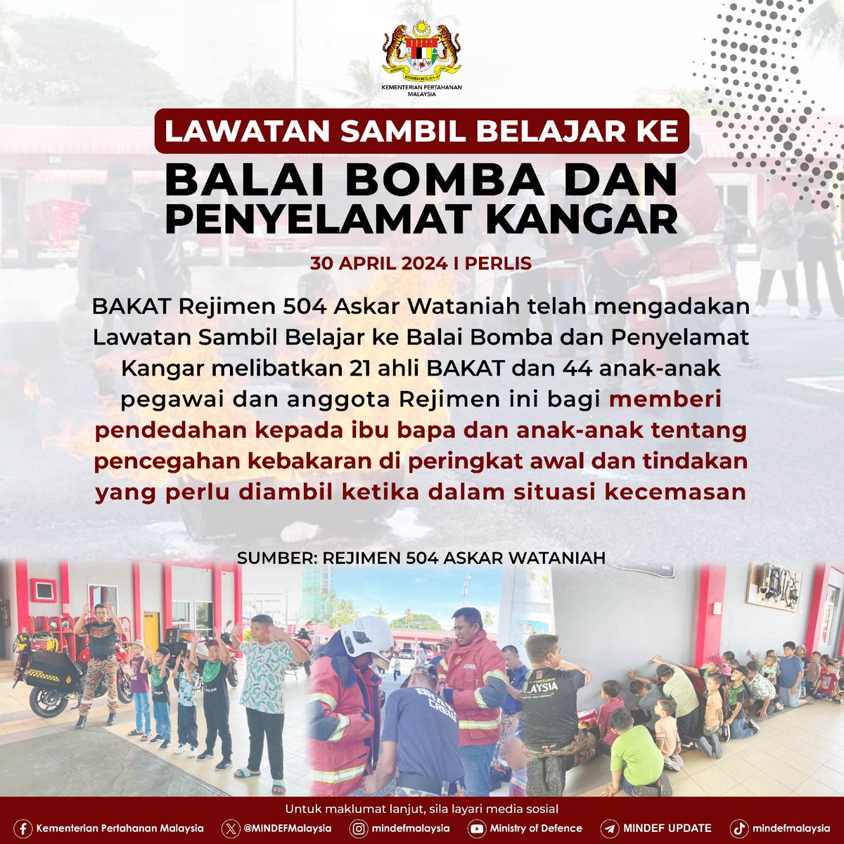 21 ahli BAKAT dan 44 kanak-kanak diberi pendedahan tentang pencegahan kebakaran dan tindakan mendepani situasi kecemasan bersama Jabatan Bomba dan Penyelamat Kangar

#MinDefMalaysia
#MinDefUpdate
#CIMIC
#programjiwamurni
#jiwamurni
#ATM