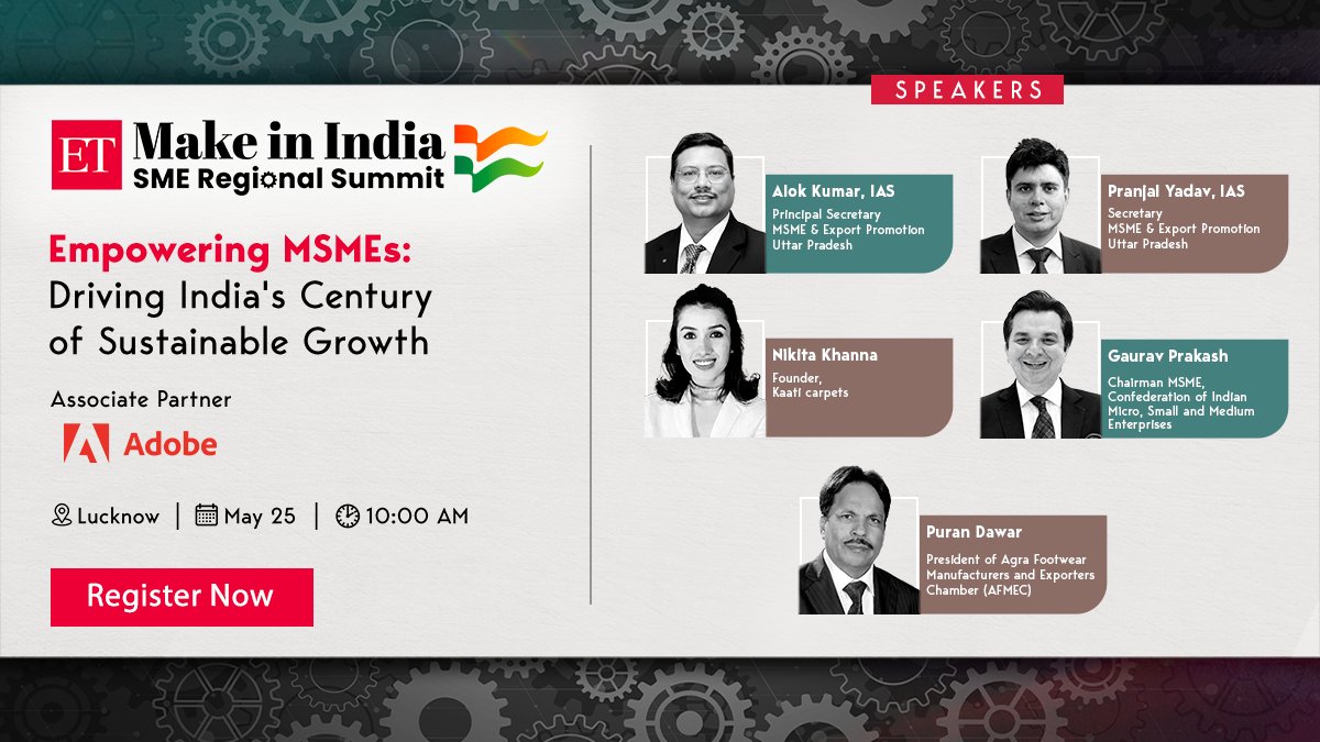 .@EconomicTimes is set to host its second show of ET Make in India SME Regional Summit in the city of nawabs on May 25th. #MSMEs #SMEs #Lucknow @UPGovt Register here: shorturl.at/k7qdQ