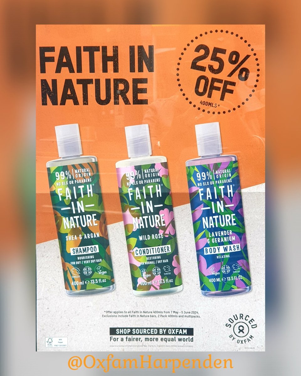 Here's a reminder that at #Oxfam #Harpenden we've taken 25% off selected @FaithInNature products until 5th June so come down to 3, Harding Parade and choose your favourite shampoo, conditioner and body wash from our fabulous range! (Offer applies to individual 400ml bottles).