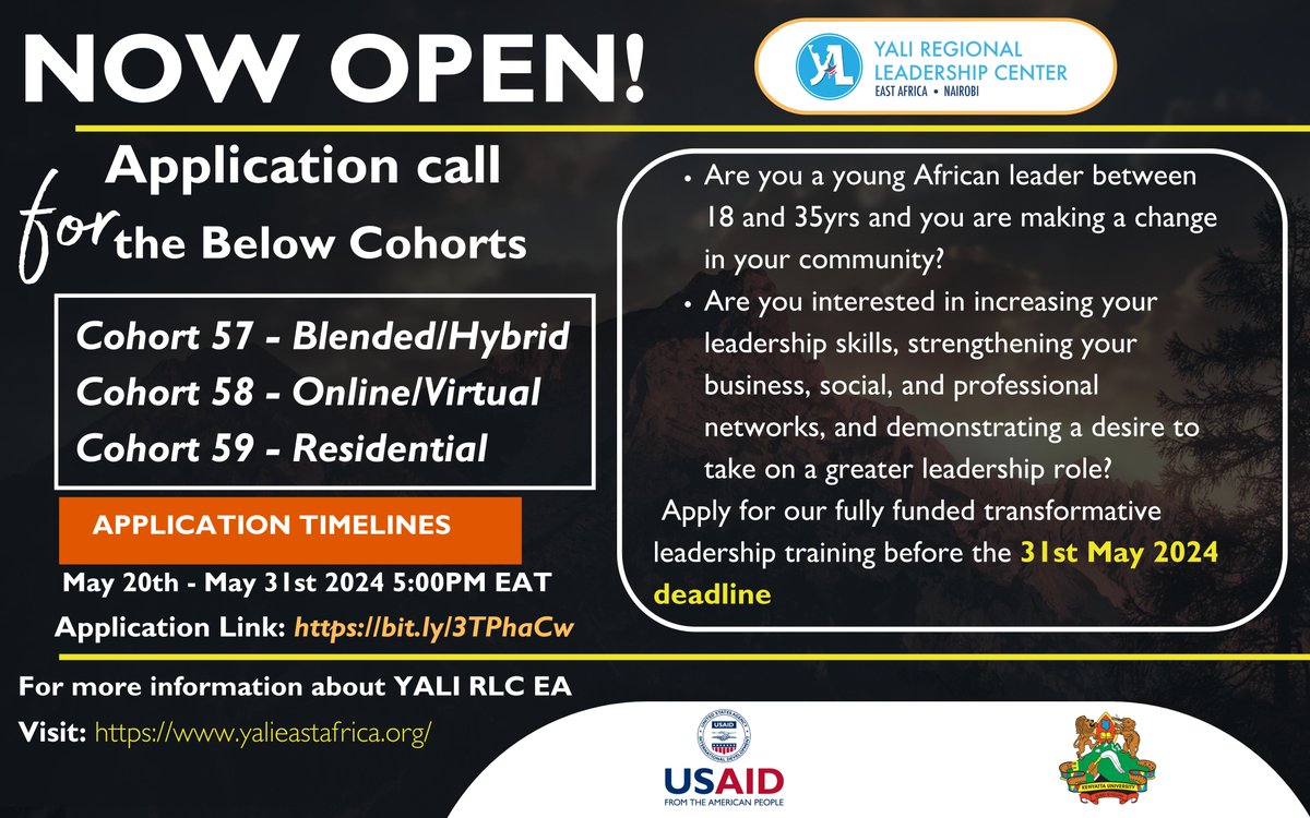 Application call for Cohorts 57,58 & 59 is Open Now! Calling on young leaders ready to embark on a transformative leadership journey. Application Link:bit.ly/3TPhaCw Share to spread the word! #YALItransformation #LeadershipJourney #TransformAfrica #YALIimpact