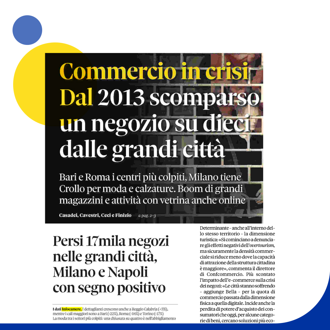 🗞️ '#Commercio in crisi. Dal 2013 scomparso un negozio su dieci dalle grandi città' @michelafinizio @MartaCasadei su @sole24ore #imprese @Confcommercio @CamCom_gov @unioncamere @polimi @FederModaItalia @IstTagliacarne @comuni_anci @Confesercenti