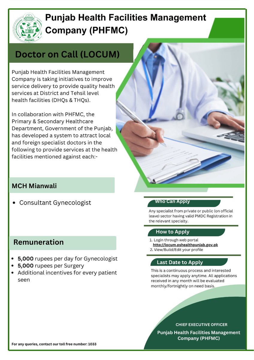 𝐃𝐨𝐜𝐭𝐨𝐫𝐬 𝐨𝐧 𝐂𝐚𝐥𝐥 P&SHD in Collaboration with PHFMC is looking for specialist doctors from private or public (on official leaves) sector having valid PMDC Registration in the relevant specialty. 𝐀𝐩𝐩𝐥𝐲 𝐓𝐨𝐝𝐚𝐲 𝐚𝐭: locum.pshealthpunjab.gov.pk