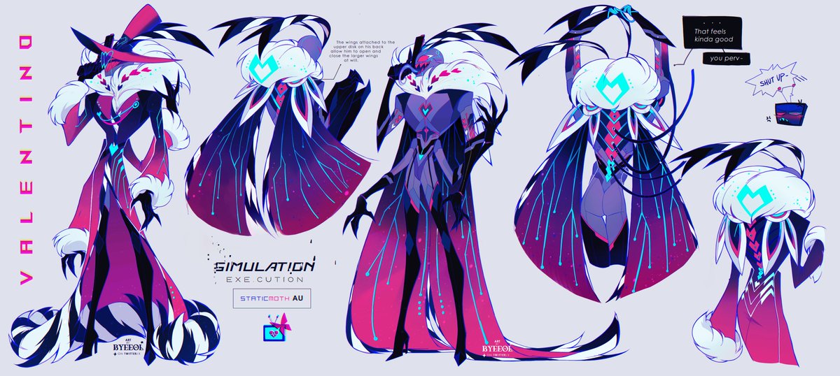 an AU where Vox loses Val, and in desperation he implants Val's memories into a robotic replica:D 👍

#StaticMoth #voxval #valentinohazbinhotel