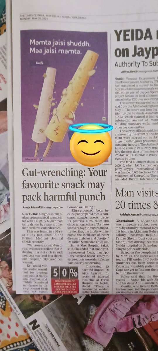 An advertisement for a delicious kulfi placed right next to an article discussing the harmful effects of ultra-processed foods. 🧐 Is this an example of right advertising at the wrong place, or is it a strategic positioning of the right advertising? Please share your thoughts