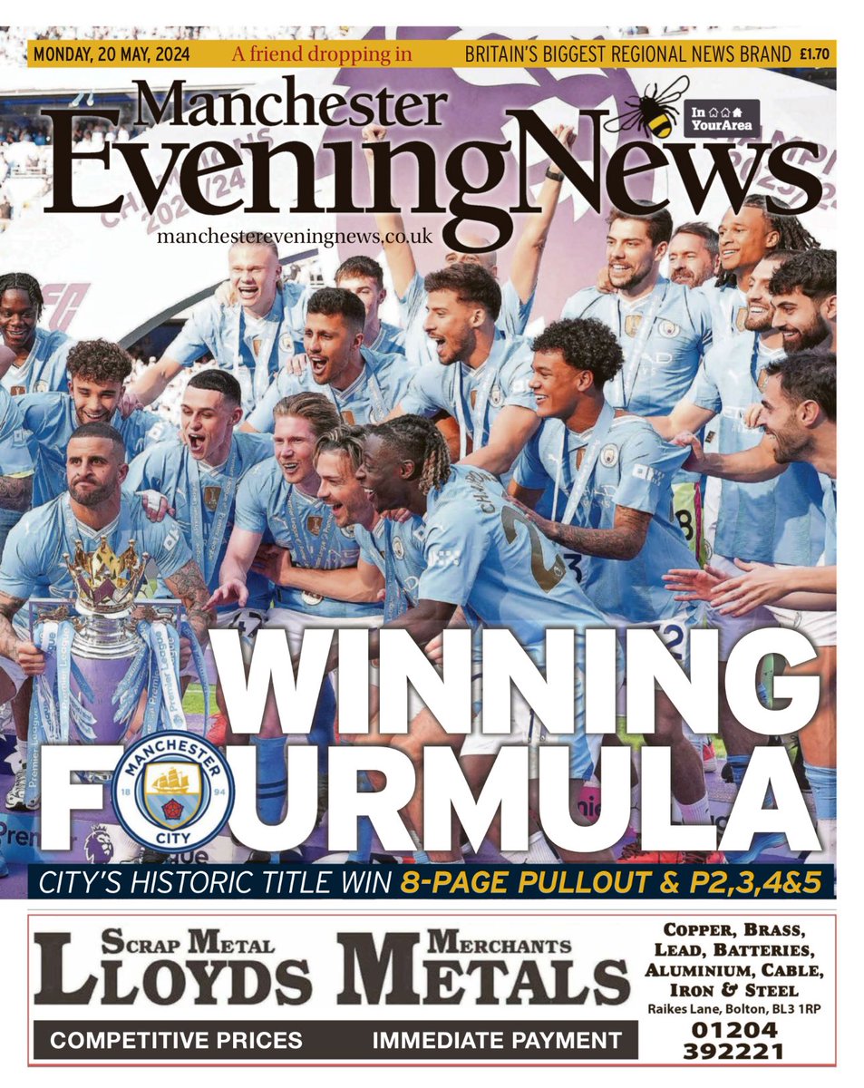 Monday 20th May 2024
Manchester Evening News front page wrap 
WINNING FOURMULA 
#ManCity #MCFC #4inaRow #ManchesterCity #Champion4 #Champions24