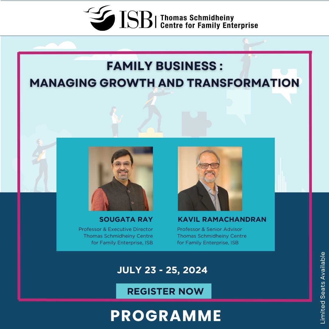 We are excited to inform you about the forthcoming training programme- Family Business: Managing Growth and Transformation, that will be organised at the ISB Hyderabad campus.
The programme will be held over three days from July 23 - 25, 2024. 
#ThS_CFE