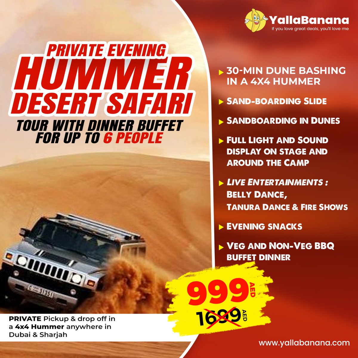 📣 Private Hummer Desert Safari with Dinner for 6! Dunes, camels, sunset feast. Book now! 🌙🚗🍽️ #PrivateDesertAdventure #BookToday #DinnerBuffet #AdventureAwait #BookNow

🔗t.ly/YB632