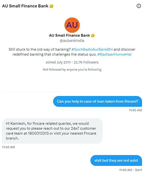Unique_Kamlesh's tweet photo. You see friends, AU Bank SE has also not received any specific reply, they are also misleading. @aubankindia https://t.co/QP1Q5zxUOE