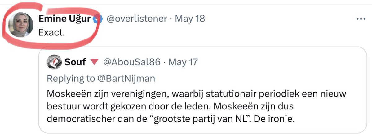 Maar goed dat ik @overlistener niet permanent volg. Anders had ik al twee dagen buikpijn van het lachen gehad. Vrouwen draaien ook altijd volop mee in de moskee. 👍