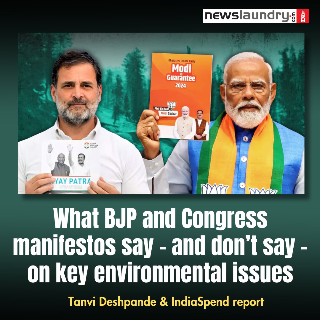 While the BJP’s manifesto does have a push for electric vehicles and for renewables and green hydrogen, the Congress’s manifesto lays emphasis on green investment and forest cover assessment. @worthwords01 & @IndiaSpend report newslaundry.com/2024/05/20/wha…