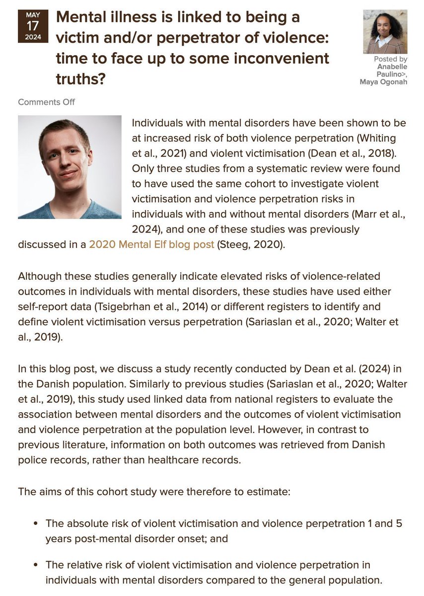 Anabelle Paulino <a href="/anabellepauli/">Anabelle Paulino</a> &amp; Maya Ogonah <a href="/mayaogonah/">Maya Ogonah</a> from @oxpsychiatry summarise a recent Danish longitudinal study led by <a href="/Kimberlie_Dean/">Kimberlie Dean</a> in <a href="/LancetRH_Europe/">The Lancet Reg Health-Europe</a> on the risk of violent victimisation and perpetration following the onset of mental illness nationalelfservice.net/?p=193831