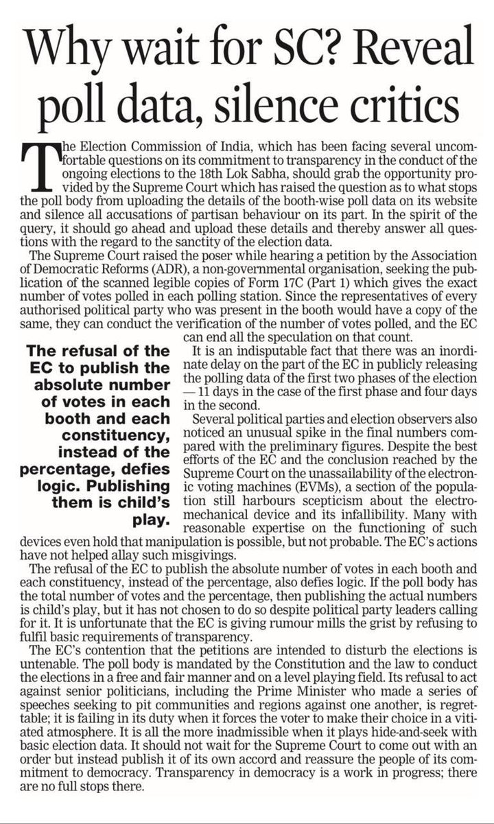 'The refusal of the #ECI to publish the absolute number of #votes in each constituency, instead of the percentage, defies logic. If the #poll body has the percentage, then publishing the actual numbers is child’s play, but it has not chosen to do so despite leaders calling for