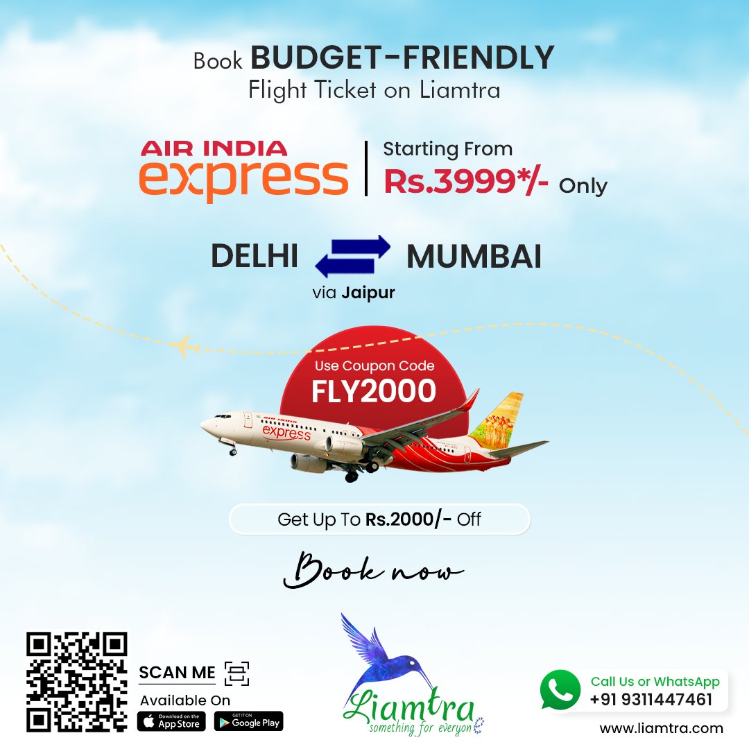 Book your Delhi to Mumbai flight now and save big! Use coupon code FLY2000 for an amazing discount. ✈️

#FlightDeals #TravelSavings #DelhiToMumbai #DiscountFlights #FlyWithUs #TravelSmart #CheapFlights #AviationDeals #FlyHigh #SaveOnTravel #flywithliamtra #BookWithLiamtra