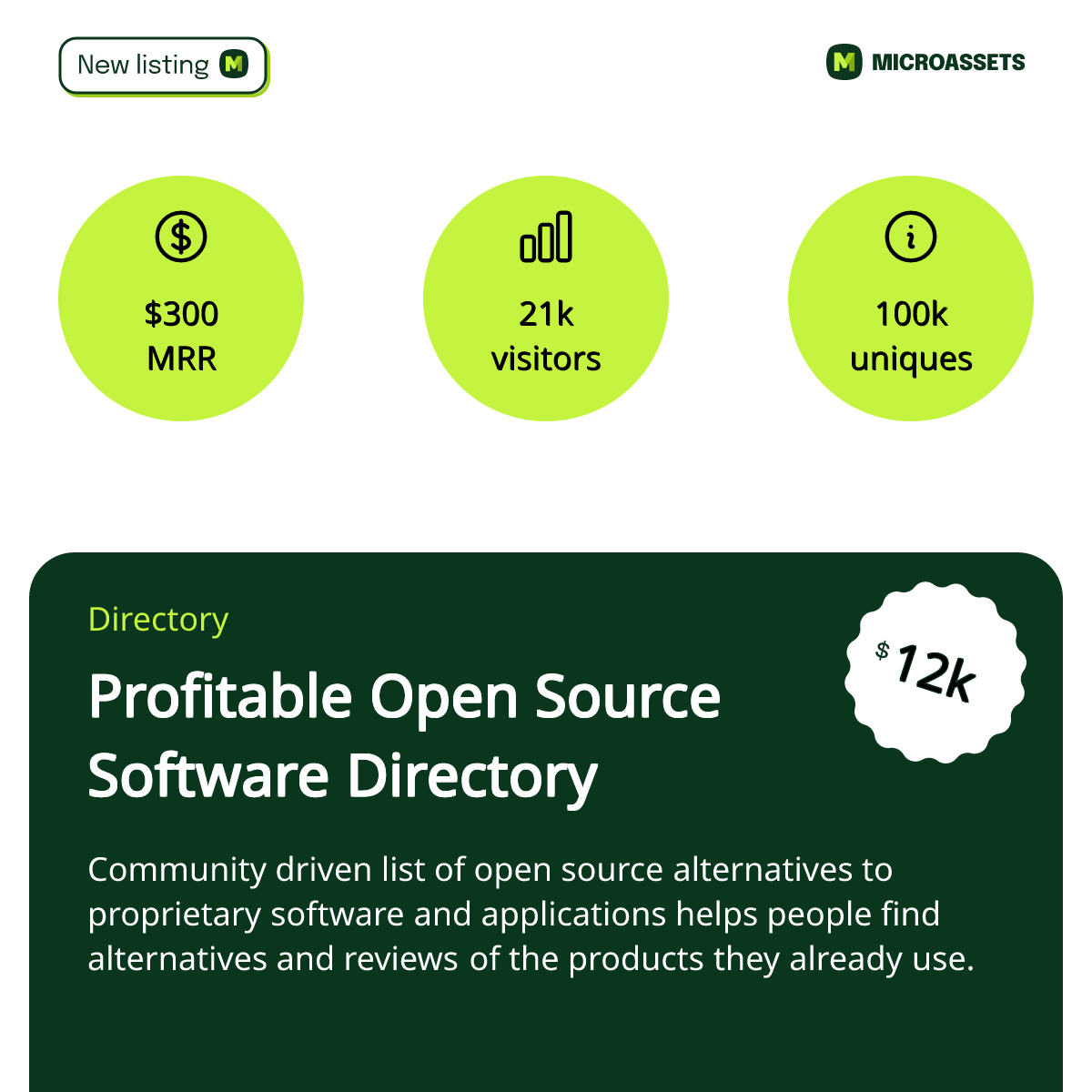 Profitable Open Source Software Directory ASKING PRICE $12,000 OTO REVENUE /M $300 (app.microassets.co/posts/7posLq_o…)