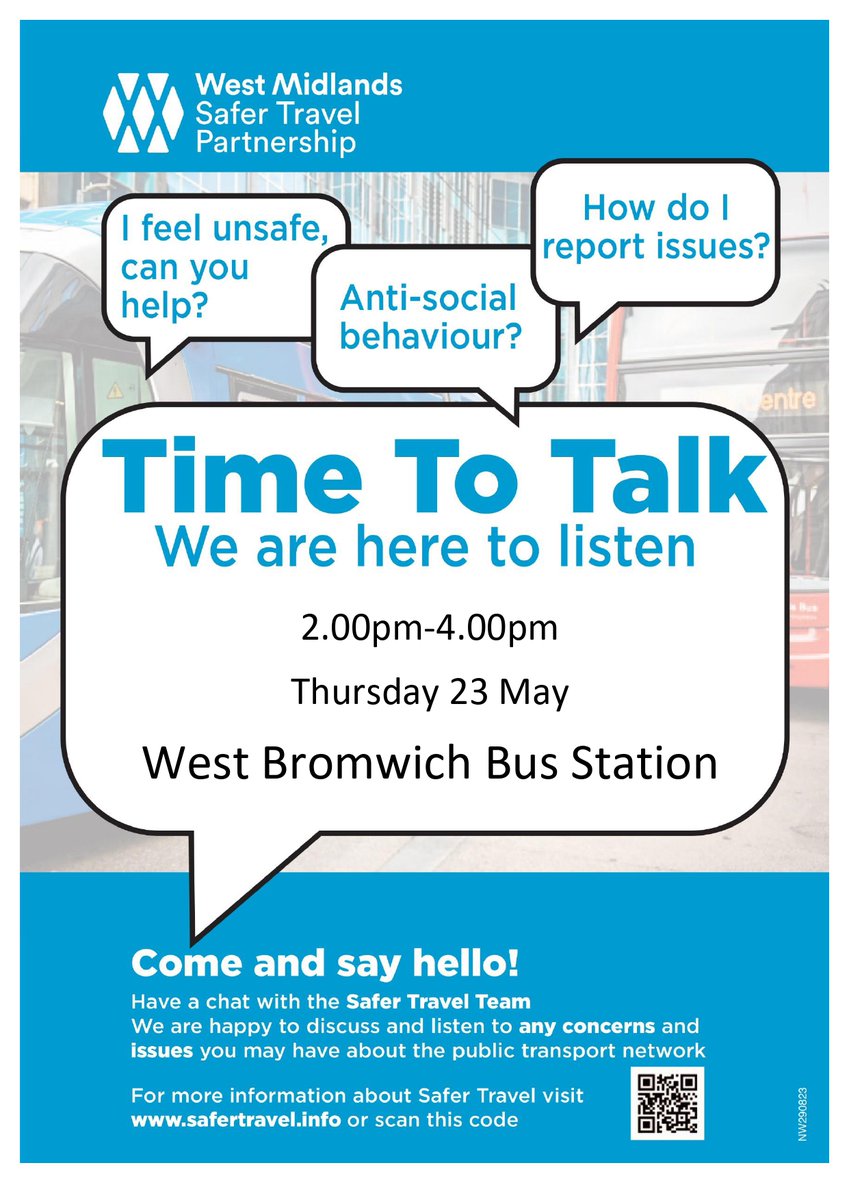 We're taking #TimetoTalk in #WestBromwich on Thursday from 2pm.   We'll be at the bus station and @midlandtram to listen👂 to your experiences about travelling on public transport  Help us help you #befeelandstaysafer on public transport. You could even win a £50 voucher.