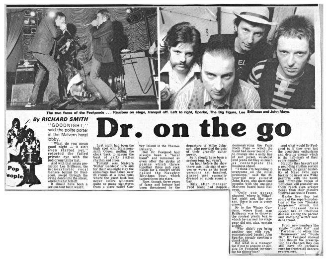 20 May 1977, Cherry Red present “the godfathers of British punk” Dr Feelgood, supported by The Lew Lewis Band at Malvern Winter Gardens, with new guitarist John (later Gypie) Mayo. Photos by David Corio, poster & cutting from Malvern Rock Archive malvernrockarchive.org.uk/performance/dr…