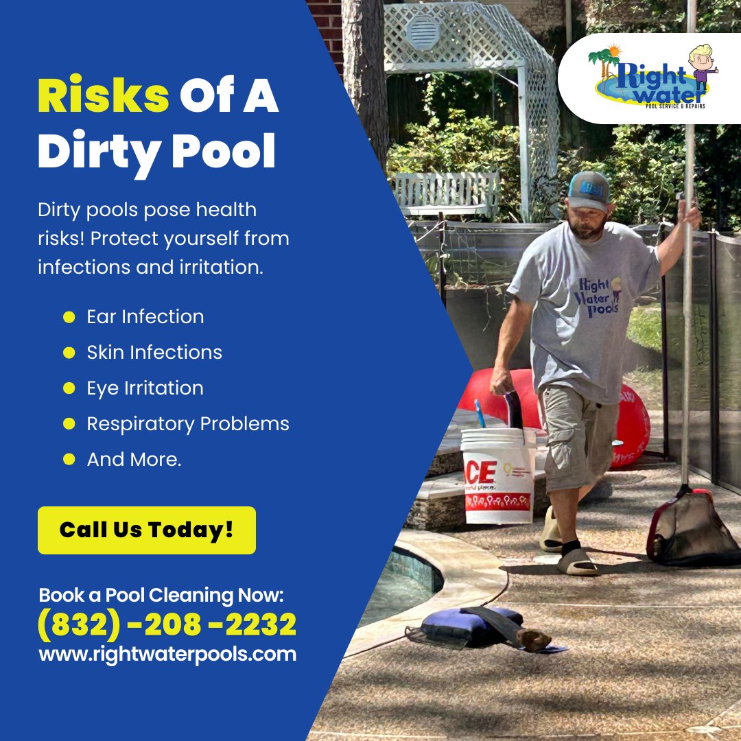 RightWaterPool's tweet image. 💦 Don't be fooled by murky waters beneath lies health hazards. Dirty pools aren't just eyesores. From ear infections to respiratory issues, the risks are real. Keep your pool pristine, safeguard your health.🏊‍♂️ 
📞 832-208-2232
✉️ info@rightwaterpools.com 
#PoolSafety #CleanWater