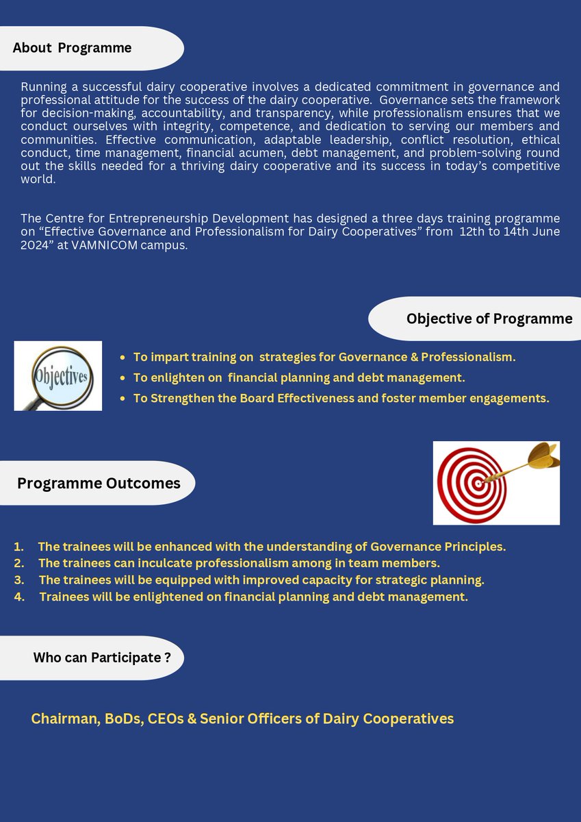 VAMNICOM is conducting three days training programme on “Effective Governance & Professionalism for Dairy Cooperatives” under the 𝑪𝒆𝒏𝒕𝒓𝒆 𝒇𝒐𝒓 𝑬𝒏𝒕𝒓𝒆𝒑𝒓𝒆𝒏𝒆𝒖𝒓𝒔𝒉𝒊𝒑 𝑫𝒆𝒗𝒆𝒍𝒐𝒑𝒎𝒆𝒏𝒕.Date : 12 - 14 June, 2024 @hema_28 #EffectiveGovernance #DairyCooperatives