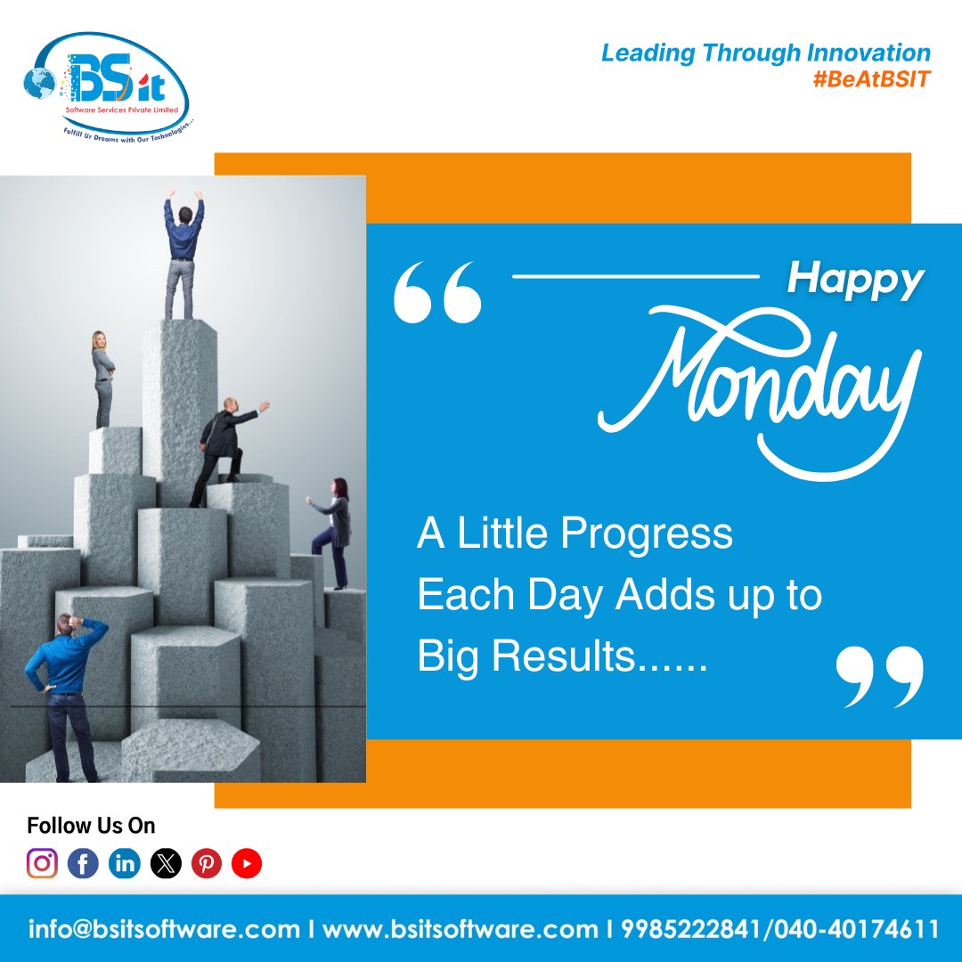 'Happy Monday! A little progress each day adds up to big results.'

#BSITSuccess #BestSoftwareCompany #bhanuchandargarigela #sharadanenavath #bsitsoftware #bsit #teambsit #TeamBSIT #BeAtBSIT #bsitsoftwareservices #HappyMonday #MondayMotivation #ProgressDaily #BigResults