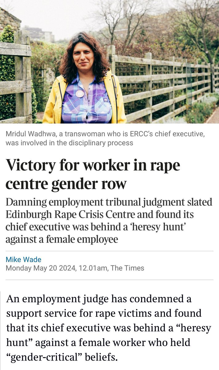 Victory for worker in rape centre gender row. Chief Executive behind a ‘heresay hunt’ against a woman who held gender critical views. 

I hope Edinburgh rape crisis centre now reflects on this judgement, to ensure appropriate changes are made, and no further women are mistreated.