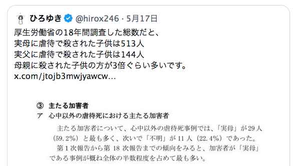 mas__yamazaki's tweet photo. これ、意味がわからない男性が多そうですが、要するに「子育てを母親だけに押しつけてきた家庭の割合」を加味しないと意味がないデータということ。

ひろゆき氏は、一見賢しらに見えて「断片的データ」を恣意的な意味づけで「エビデンス」に見せかける詐術の使い手でしょう。https://t.co/KgKZB76uFg https://t.co/i93PDTcVJP