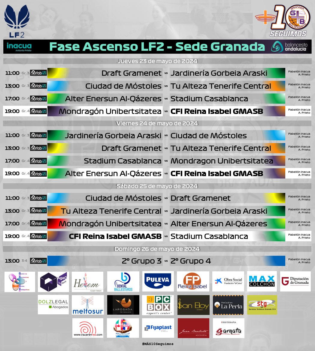 Menuda semana nos espera con la Fase de Ascenso a LF2. 

16 equipos divididos en dos sedes: Huelva y Granada. El pabellón de <a href="/inacua_oficial/">Inacua</a> acogerá a 8 divididos en 2 grupos.

Desde el jueves 23 al domingo 26, el mejor baloncesto femenino.

#MÁS10Seguimos
#ForeverPurple💜